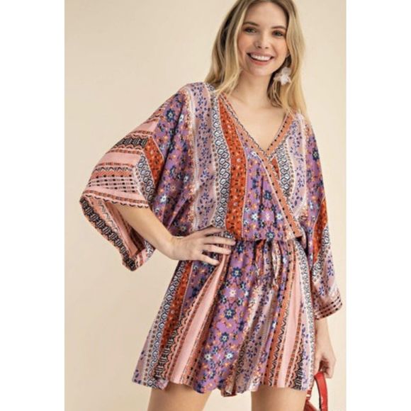 NWT Kori America Mixed Pattern Romper Large - Picture 1 of 7